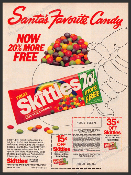 Fruit Skittles 1980s Magazine Print Advertisement Ad 1986 Santa's Favorite Skittles