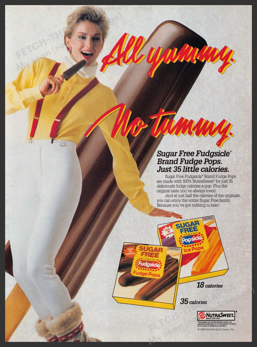 Fudgsicle Popsicles Sugar Free 1980s Print Advertisement 1989 "No tummy" Fetch-the-Paper