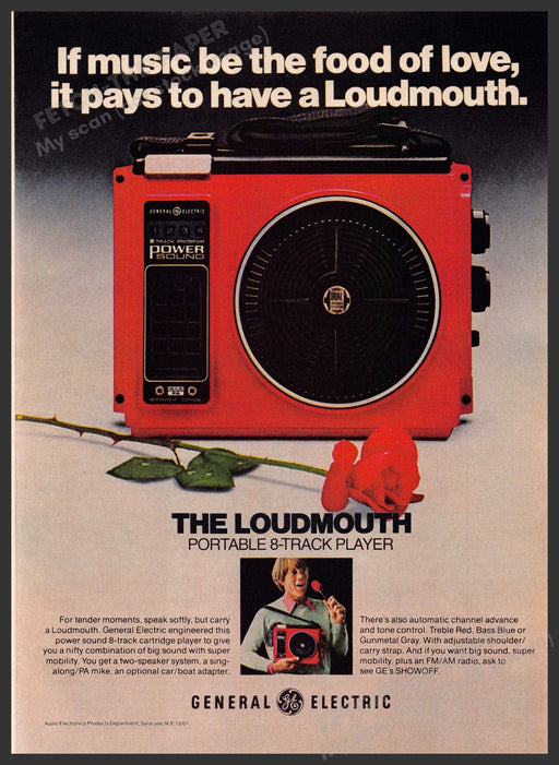 G.E. The Loudmouth 1970s Print Advertisement 1976 Portable 8-Track Player Fetch-the-Paper