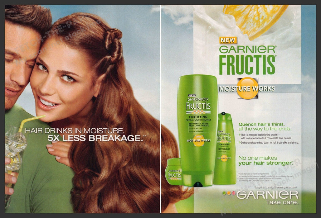 Garnier Fructis 2000s Print Advertisement (2 pgs) 2007 Couple Red Hair Drink Garnier Fructis