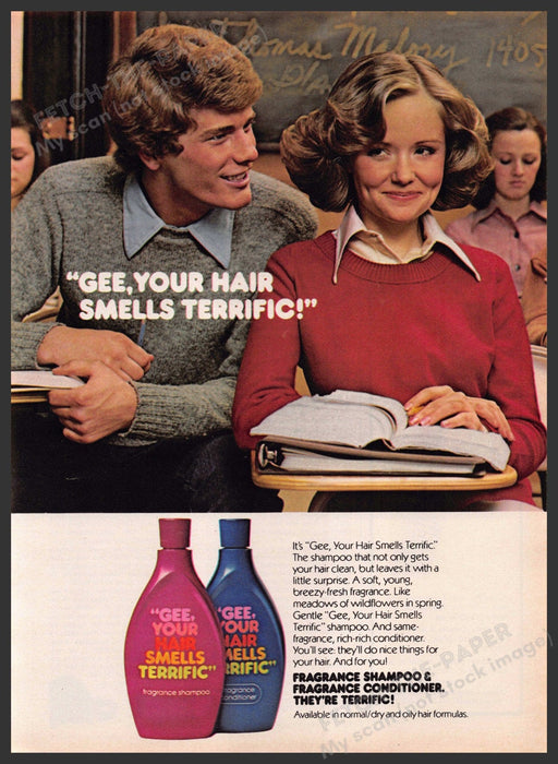 "Gee your hair smells terrific" 1970s Print Advertisement 1977 Students Class "Gee your hair smells terrific"