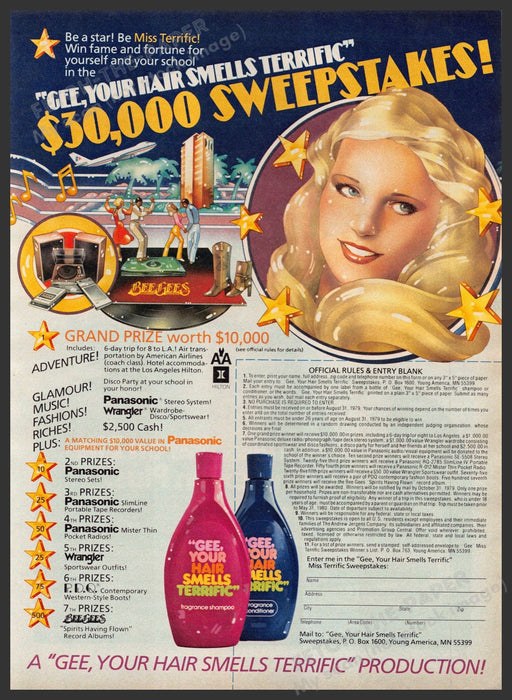 "Gee your hair smells terrific" 1970s Print Advertisement 1979 Hair Miss Terrifi "Gee your hair smells terrific"