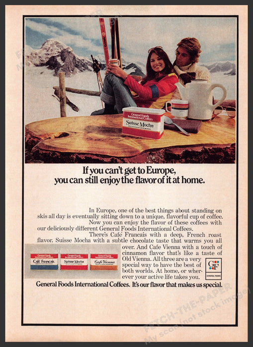 General Foods International Coffee 1970s Print Advertisement 1976 Couple Skiing Fetch-the-Paper