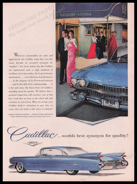 General Motors Cadillac Car 1950s Print Advertisement Ad 1959 Waldorf-Astoria Fetch the Paper!