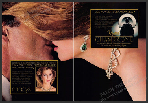 Germaine Monteil 1980s Print Advertisement (2 page) 1983 Champagne Kiss Lips Fetch-the-Paper