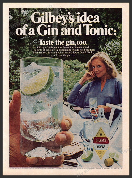 Gilbey's 1980s Print Advertisement 1981 Gin and Tonic Lady Relaxing with Drink Gilbey's