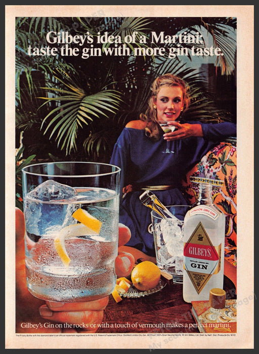 Gilbey's Gin 1980s Print Advertisement 1982 Girl with Martini Fetch-the-Paper