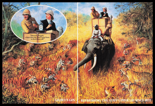Gilbey's Gin 1980s Print Advertisement (2 pgs) 1982 African Tigers Illustration Fetch the Paper!