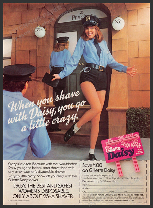 Gillette Daisy Razor 1980s Print Advertisement 1983 Police Officer Legs Fetch-the-Paper