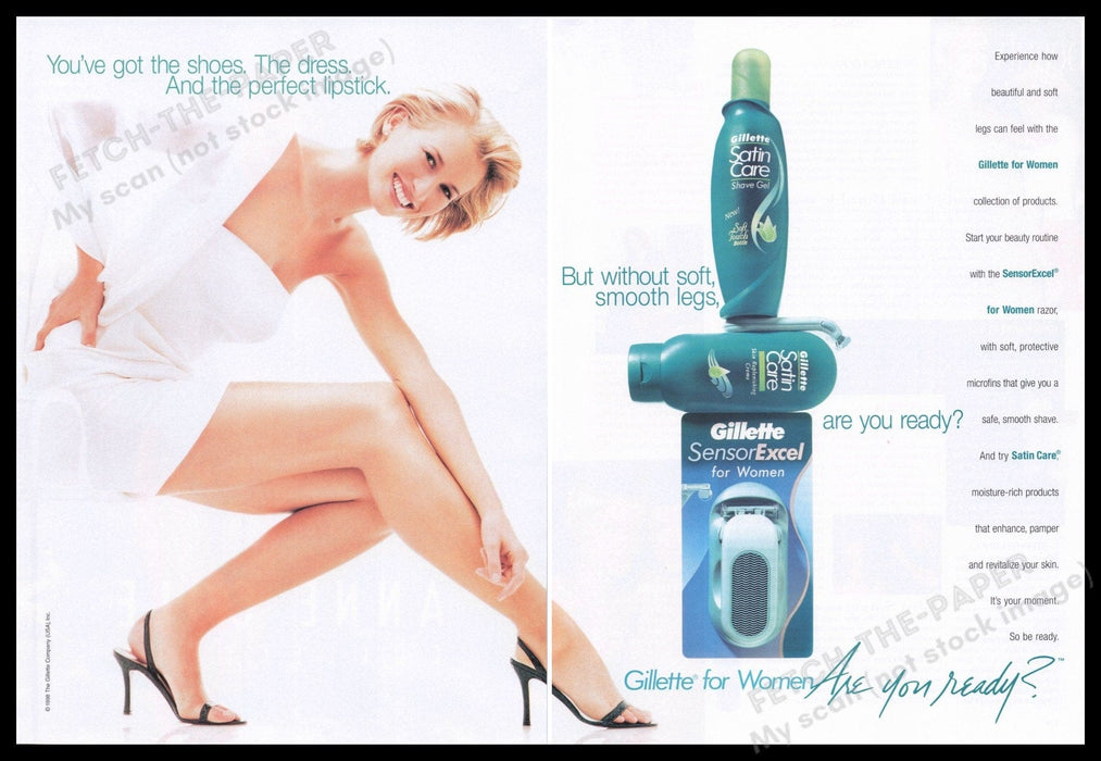 Gillette Satin Care Shaving 1990s Print Advertisement (2 pg) 1998 Sexy Long Legs Fetch the Paper!