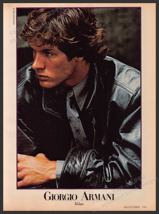 Giorgio Armani Milan Leather Jacket 1970s Print Advertisement Ad 1979 Male Model Fetch-the-Paper