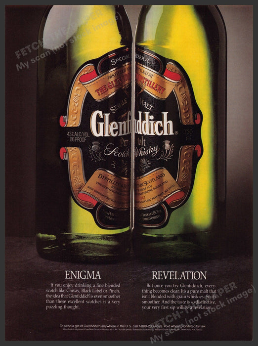 Glenfiddich Scotch Whisky 1990s Print Advertisement 1990 Enigma Revelation Fetch-the-Paper