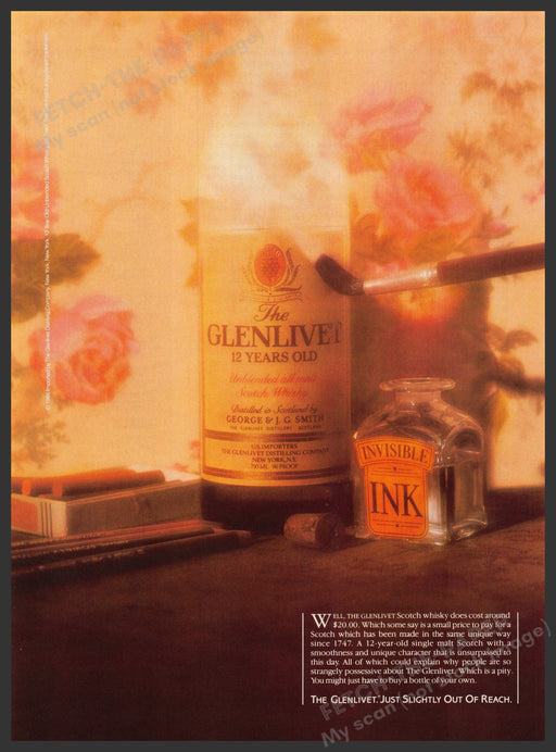 Glenlivet Scotch Whisky 1980s Print Advertisement Ad 1987 Invisible Ink Fetch-the-Paper