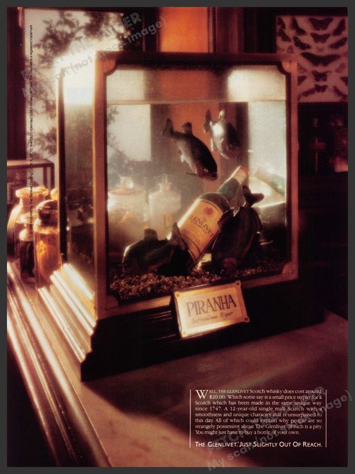 Glenlivit Scotch 1980s Print Advertisement Ad 1987 Piranha Tank Fetch-the-Paper