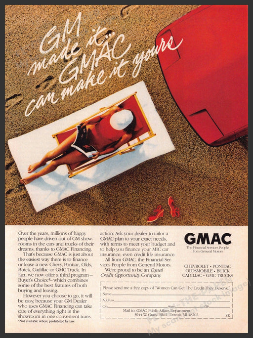 GMAC Financing 1980s Print Advertisement Ad 1987 Beach Legs Sunning GMAC Financing