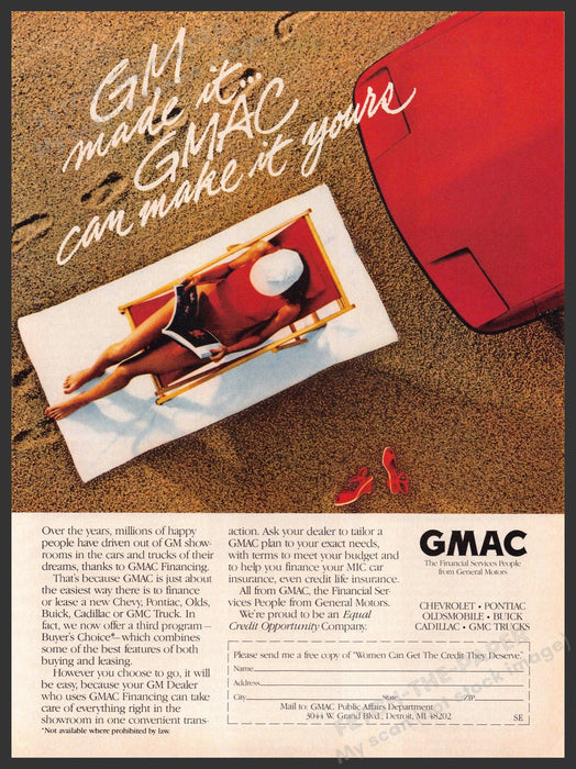 GMAC Financing 1980s Print Advertisement Ad 1987 Beach Legs Sunning GMAC Financing