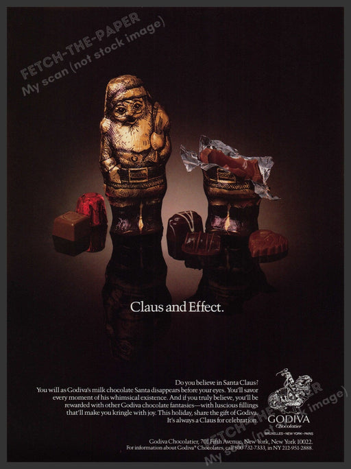 Godiva Chocolate "Claus and Effect" 1980s Print Advertisement Ad 1988 Santa Fetch-the-Paper