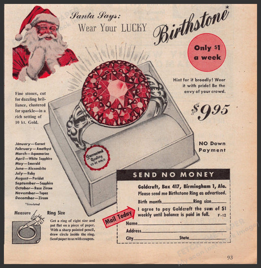 Goldcraft Jewelry Santa Birthstone Ring 1940s Print Advertisement Ad 1947 Fetch-the-Paper