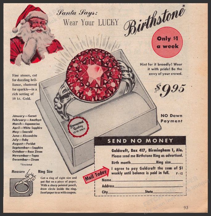 Goldcraft Jewelry Santa Birthstone Ring 1940s Print Advertisement Ad 1947 Fetch-the-Paper