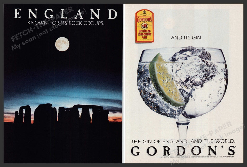 Gordon's Gin of England Stonehenge 1980s Print Advertisement (2 Page) Ad 1987 Fetch-the-Paper