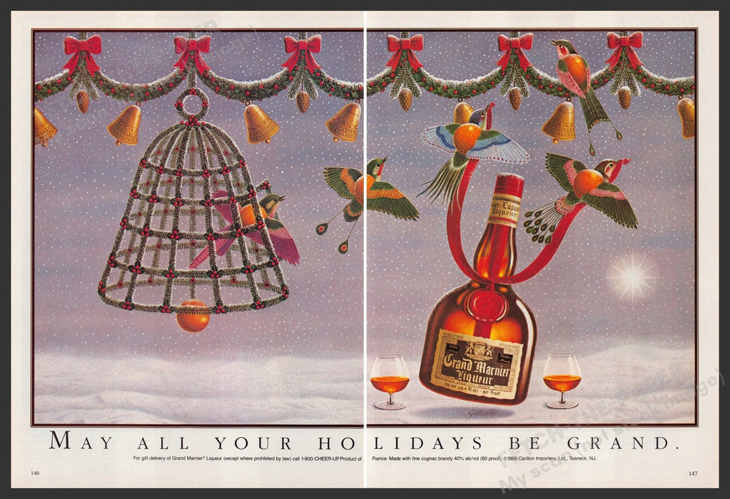 Grand Marnier 1980s Print Advertisement (2 Page) Ad 1988 Bells & Birds Fetch-the-Paper