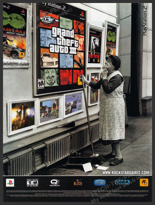 Grand Theft Auto III 2000s Video Game Print Advertisement 2002 Old Lady Cleaning Fetch-the-Paper