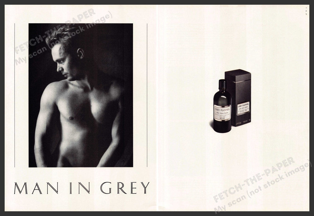 Gray Flannel 1980s U.K. Print Advertisement (2 pgs) Bare "Man in grey" Gray Flannel