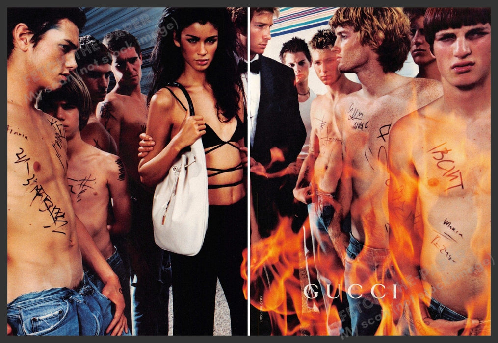 Gucci 2000s Print Advertisement (2 pages) 2000 Shirtless Male Models Fire Gucci