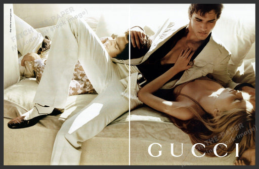 Gucci 2000s Print Advertisement (2 pages) 2005 Threesome Laying Mattress Fetch-the-Paper