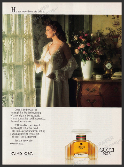 Gucci No 3 Parfum 1980s Print Advertisement Ad 1988 "He had never been late..." Fetch-the-Paper