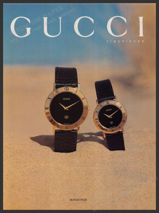 Gucci Timepieces Watches 1990s Print Advertisement Ad 1992 Beach Sand Fetch-the-Paper