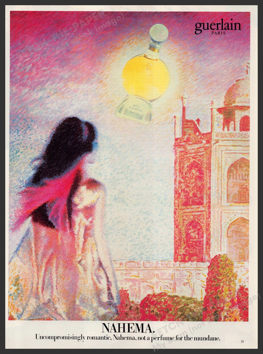 Guerlain Nahema Perfume 1980s Print Advertisement Ad 1982 Illustration Fetch the Paper!