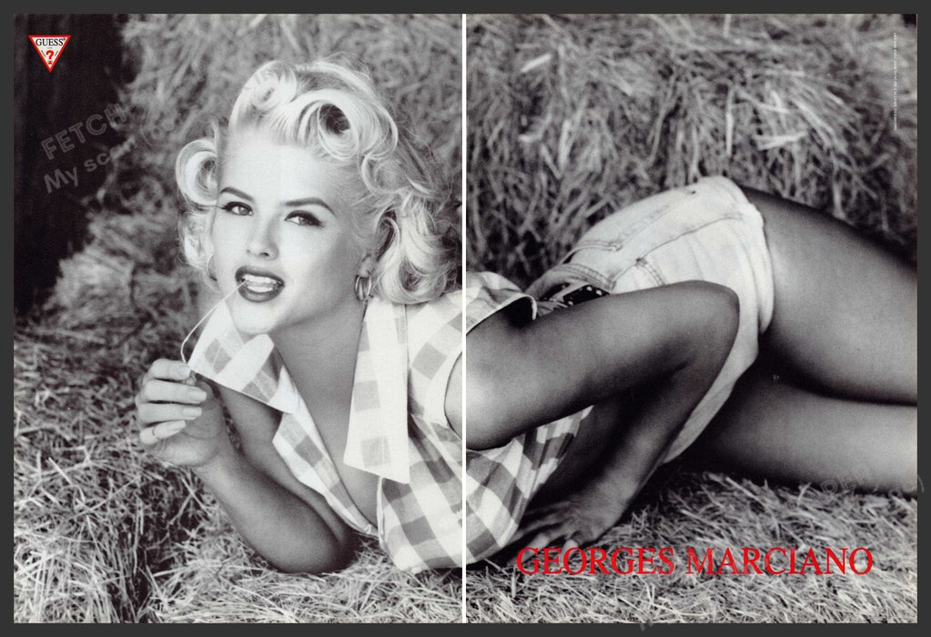 Guess Anna Nicole Smith 1990s Print Advertisement (2 pages) 1992 Straw Hay Bales Fetch the Paper!