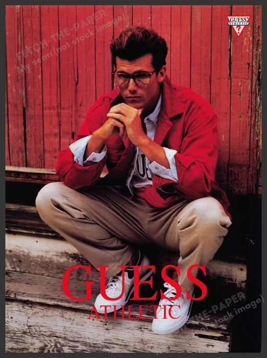 Guess Athletic 1990s Print Advertisement 1993 Male Student Squatting Down Fetch-the-Paper