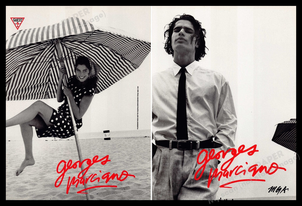Guess Cameron Alborzian Carrie Otis 1980s Print Ad 1989 Front / Back Umbrella Fetch-the-Paper