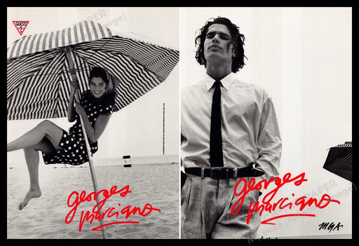 Guess Cameron Alborzian Carrie Otis 1980s Print Ad 1989 Front / Back Umbrella Fetch-the-Paper