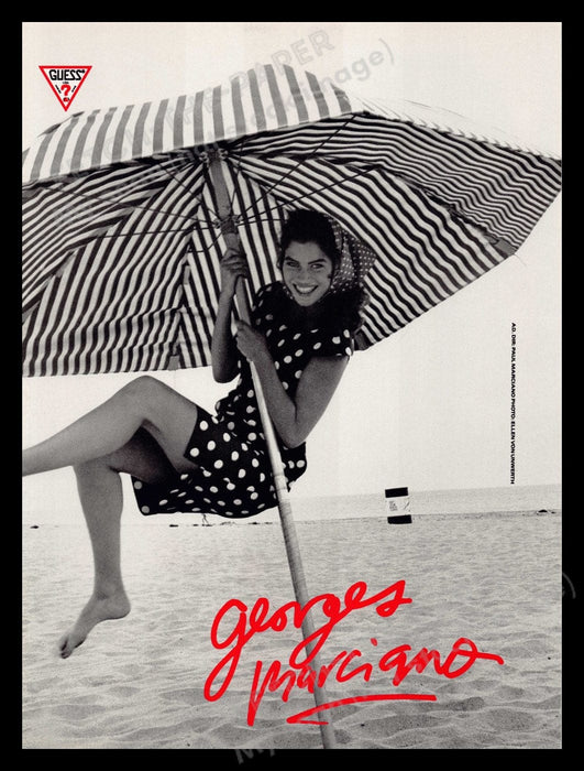 Guess Cameron Alborzian Carrie Otis 1980s Print Ad 1989 Front / Back Umbrella Fetch-the-Paper