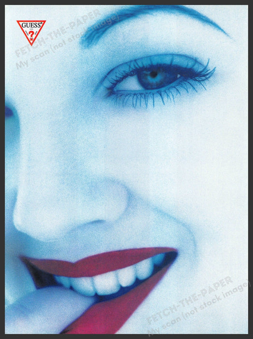 Guess Drew Barrymore 1990s Print Advertisement 1993 Face Close-up Finger Mouth Fetch-the-Paper