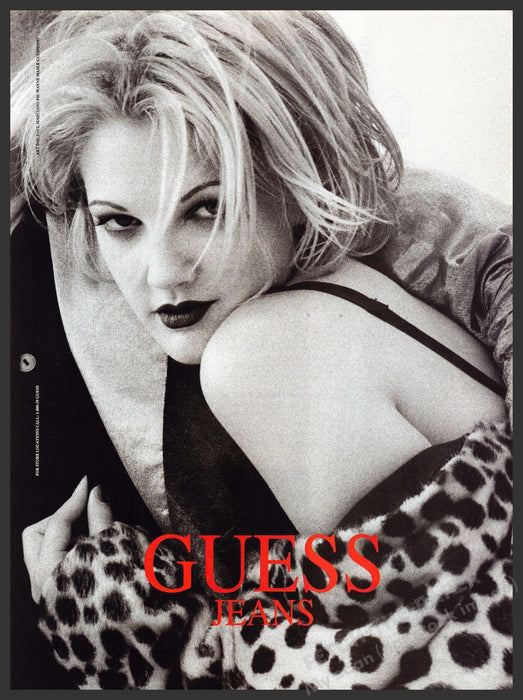 Guess Drew Barrymore 1990s Print Advertisement 1993 Jeans Polka Dot Jacket Sexy Fetch-the-Paper
