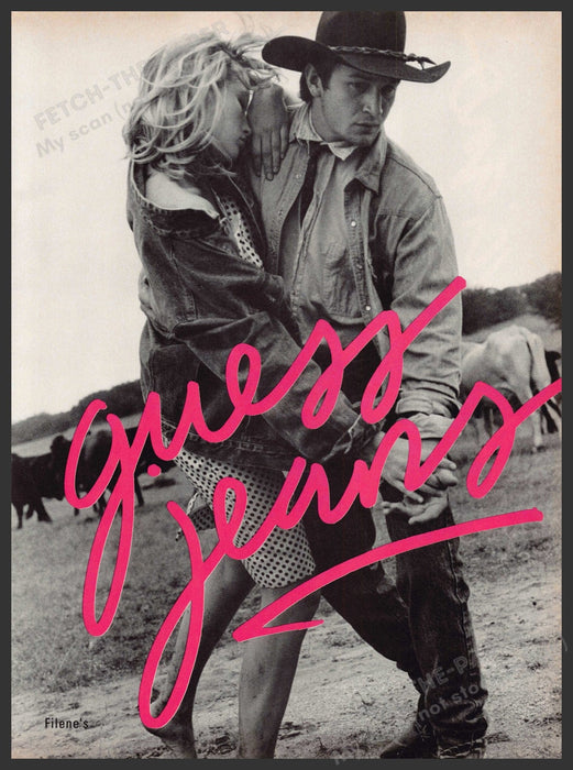 Guess Jeans 1980s Print Advertisement 1986 Cowboy & Cowgirl Dancing Fetch-the-Paper