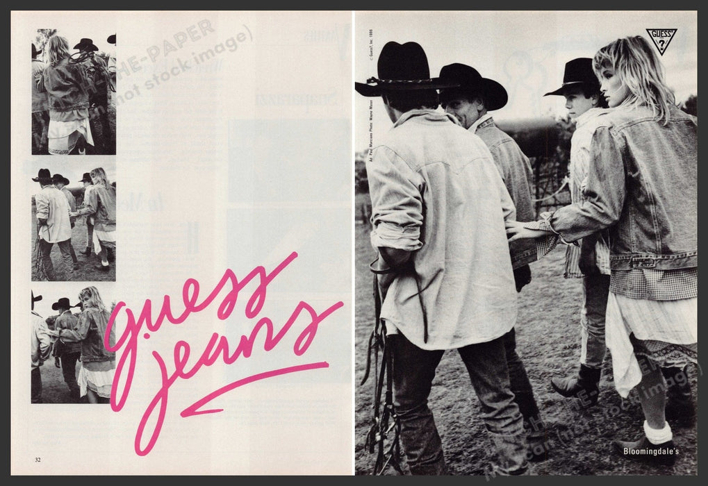 Guess Jeans 1980s Print Advertisement Ad (2 Pg) 1986 Cowboys Cowgirls Fetch-the-Paper
