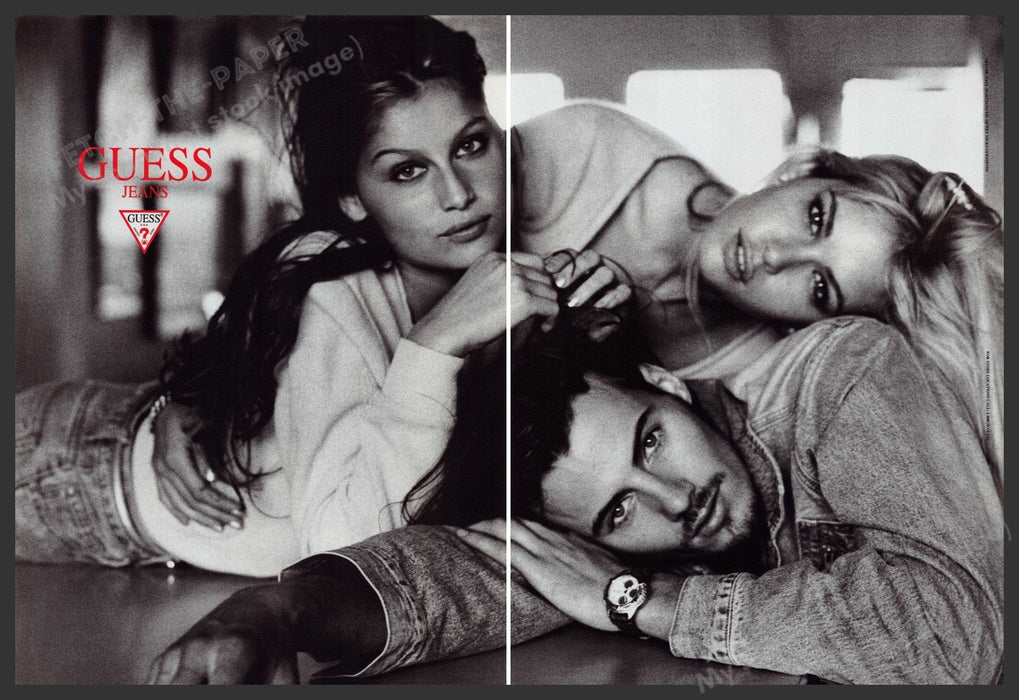 Guess Jeans 1990s Print Advertisement (2 page) 1995 Friends Laetitia Casta Fetch the Paper!
