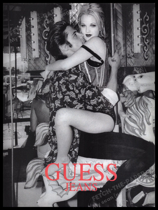 Guess Jeans Drew Barrymore 1990s Print Advertisement Ad 1993 Sitting on Lap Fetch the Paper!