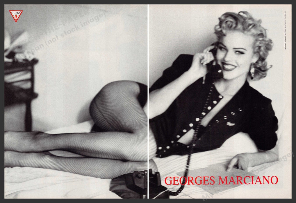 Guess Marciano Eva Herzigova 1990s Print Advertisement (2 Page) Ad 1992 Fishnet Fetch-the-Paper