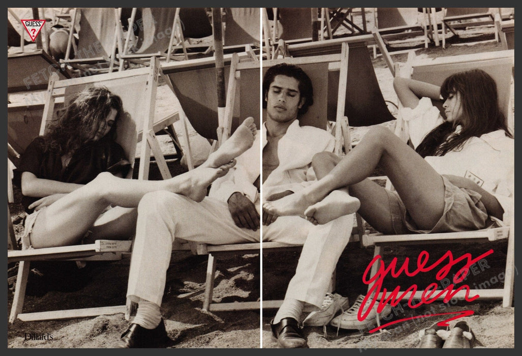 Guess Men Cameron Alborzian 1980s Print Advertisement (2 Page) Ad 1988 Legs Fetch-the-Paper