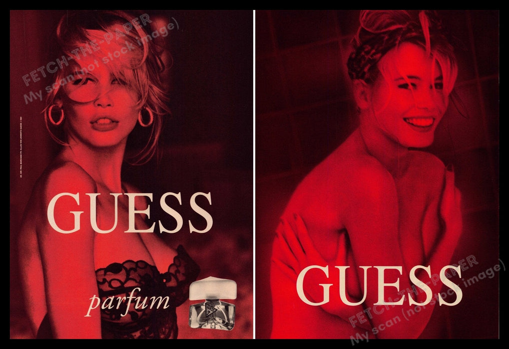 Guess Perfume Claudia Schiffer 1990s Print Advertisement Ad Front / Back 1991 Fetch-the-Paper