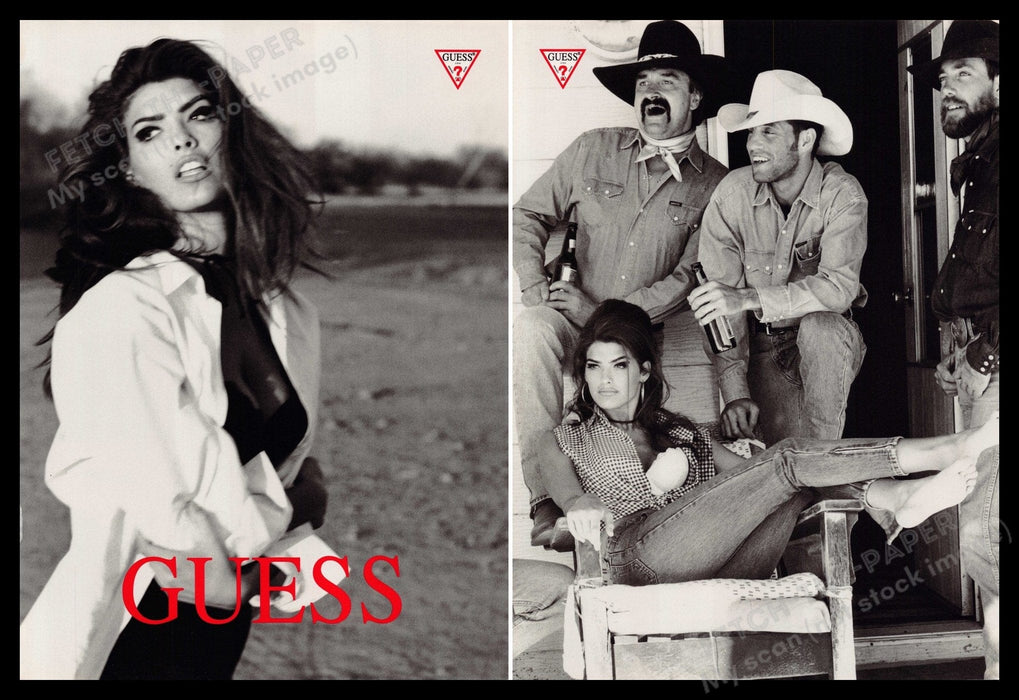 Guess Shana Zadrick and Cowboys 1990s Print Advertisement 1991 Front / Back Fetch-the-Paper
