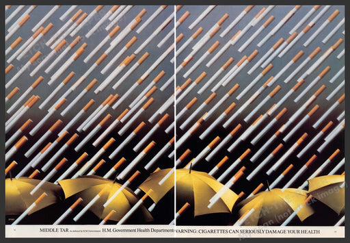 H.M. Government Warning Cigarette 1980s Print Advertisement (2 pg) 1980 Raining Fetch-the-Paper