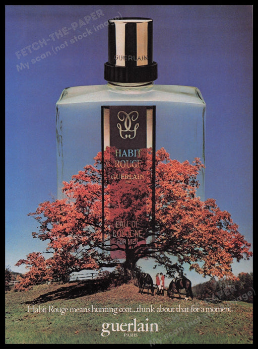Habit Rouge Guerlain Perfume 1980s Print Advertisement Ad 1980 "Hunting coat" Fetch the Paper!