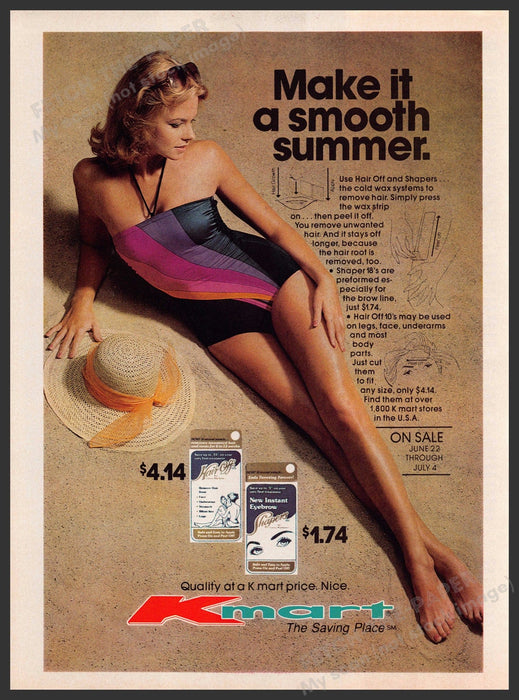 Hair Off 1980s Print Advertisement 1981 Wax Hair Remover Legs Sand Beach Fetch-the-Paper